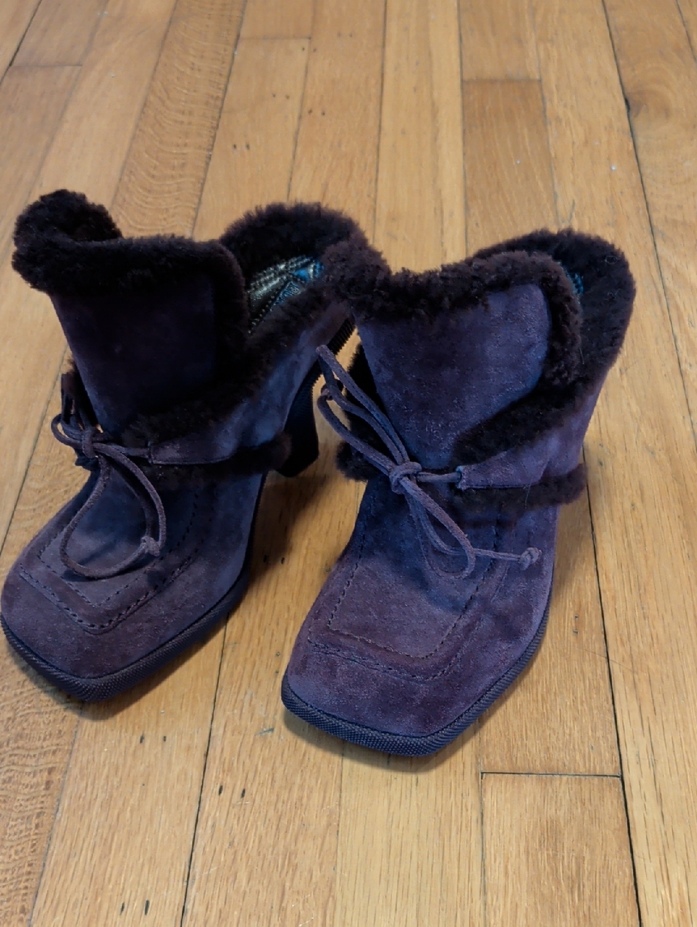 Burberry Dark Purple Suede Fur-Trim Heeled Booties